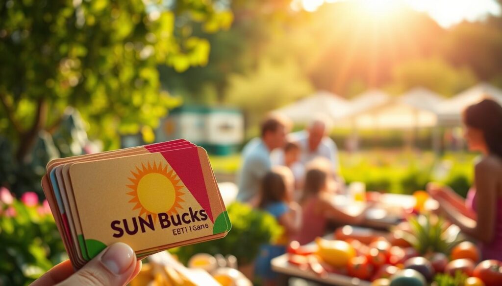 A vibrant summer landscape with a warm, golden sun shining overhead. In the foreground, a stack of colorful EBT (Electronic Benefit Transfer) cards, representing the "SUN Bucks" program, casting a soft, ethereal glow. The middle ground features families gathered around a table, sharing a meal and enjoying the abundance of fresh, seasonal produce. In the background, a verdant park or community garden, symbolizing the positive impact of the Summer EBT program on families' access to nutritious food during the off-school months. The scene is captured with a shallow depth of field, creating a dreamlike, aspirational atmosphere.