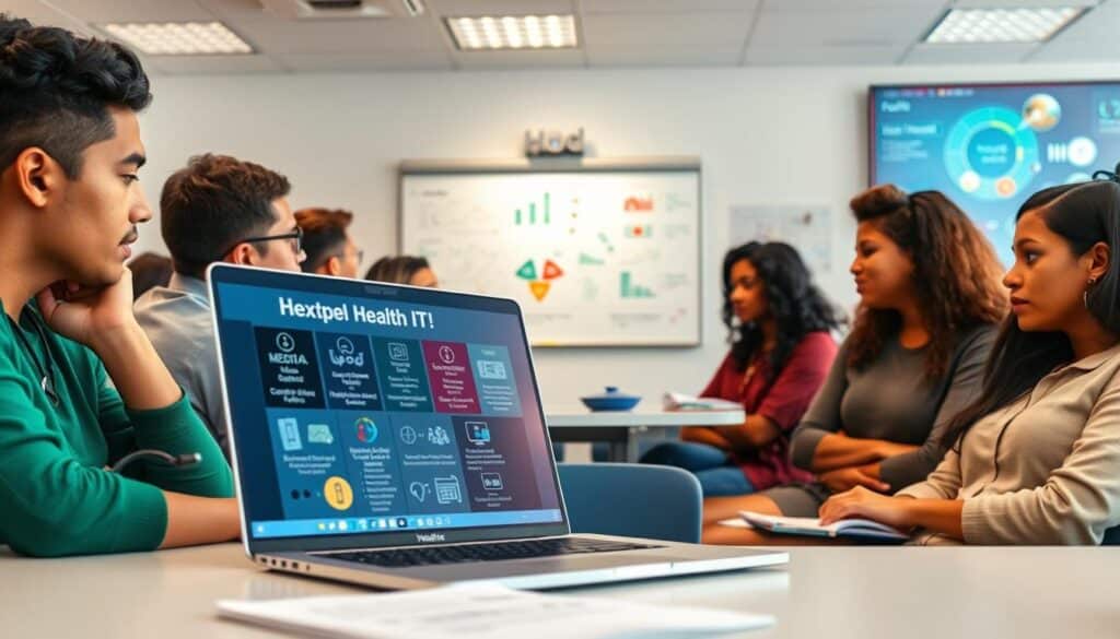 A vibrant, well-lit classroom setting with a diverse group of students intently studying healthcare technology materials. In the foreground, a student's laptop displays a range of Health IT course modules, textbooks, and digital resources. The middle ground features a whiteboard with diagrams and notes on medical software, data management, and telehealth systems. In the background, an interactive display showcases emerging healthcare IT innovations. The scene radiates a sense of academic focus and professional development, capturing the essence of exploring Health IT courses.