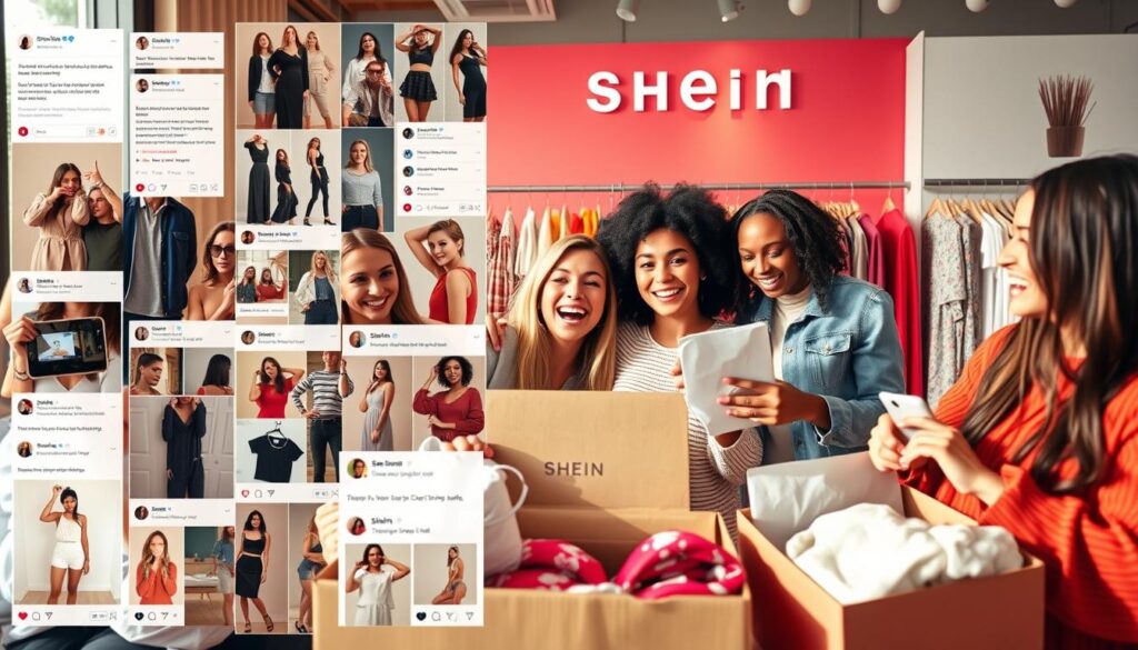 A visually captivating scene depicting the impact of user-generated content and influencer marketing on the Shein free clothing promo. In the foreground, a group of fashion influencers excitedly unboxing and trying on a variety of trendy Shein items, their expressions conveying genuine enthusiasm. The middle ground showcases a collage of social media posts, shares, and comments from their followers, creating a sense of viral engagement. In the background, a vibrant and stylish Shein product display, with minimalist branding and sleek product shots, complementing the modern, aspirational atmosphere. Warm, natural lighting illuminates the scene, highlighting the high-quality textures and materials of the clothing. The overall composition captures the power of user-generated content and influencer marketing in driving the Shein free clothing promo.