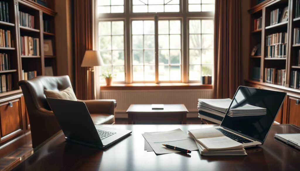 A warm, inviting office setting with a mahogany desk, leather armchair, and bookshelves lining the walls. The lighting is soft and natural, filtering in through large windows that offer a view of a tranquil garden outside. On the desk, a laptop and a stack of financial documents sit neatly organized, suggesting a thoughtful consideration of financial planning. A strategically placed pen and notepad imply the process of contemplating the advantages of a Traditional IRA. The overall mood is one of thoughtful deliberation, financial security, and a sense of purpose.