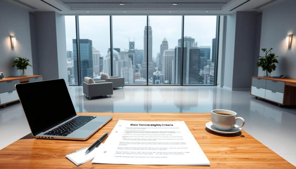 A well-lit, high-resolution photograph of a sleek, modern office interior with a clean, minimalist aesthetic. In the foreground, a wooden desk with a laptop, notepad, and a cup of coffee. On the desk, a neatly organized set of documents outlining the "Shein Trial Center Eligibility Criteria" in a clear, easy-to-read format. The middle ground features a large, floor-to-ceiling window overlooking a bustling city skyline, providing a sense of scale and context. The background is a bright, airy space with subtle grey and white accents, creating a professional and inviting atmosphere. The overall composition conveys a sense of efficiency, attention to detail, and an aspirational, career-oriented vibe.