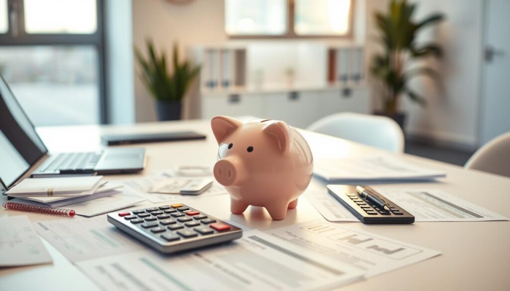 A well-lit, modern office interior with a minimalist desk, a laptop, and a piggy bank. The desk is covered in financial documents, bills, and a calculator, conveying a sense of financial organization and planning. The piggy bank stands prominently, symbolizing the growth and protection of savings. The lighting is warm and inviting, creating a calming atmosphere that encourages thoughtful financial decision-making. The scene is captured from a slightly elevated angle, giving the viewer a sense of oversight and control over the financial landscape.