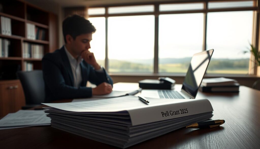 A well-lit office setting with a wooden desk and a laptop computer, showcasing a young student reviewing documents and forms. In the foreground, a stack of papers with the "Pell Grant 2025" heading, along with a pen and a contemplative expression on the student's face. The background features a warm, subtle lighting and a window offering a view of a serene, natural landscape, conveying a sense of professionalism and determination. The overall mood is one of focus, diligence, and the pursuit of educational opportunities.
