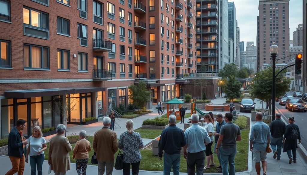 A well-lit public housing complex, its facade featuring clean, modern architecture with a mix of brick, glass, and warm-toned accents. In the foreground, a group of diverse residents - families, elderly, and individuals - stand outside, engaging in conversation and going about their daily activities. The middle ground showcases a neatly landscaped courtyard with a playground and communal seating areas, while the background depicts the bustling streets of the city, suggesting the integration of this public housing development within the urban fabric. The scene conveys a sense of community, accessibility, and the role of public housing authorities in providing safe, affordable living spaces.