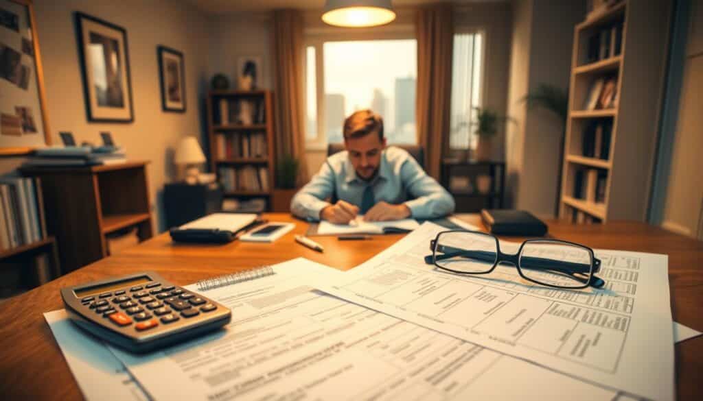 A well-lit, realistic scene depicting taxes. In the foreground, a stack of official-looking tax forms and documents, with a calculator, pen, and glasses neatly arranged on a wooden desk. In the middle ground, a person sits at the desk, focused on their work, surrounded by a tidy home office space with bookshelves and a window overlooking a cityscape in the background. The lighting is warm and inviting, creating a sense of concentration and organization. The overall mood is one of diligence and attention to detail, reflecting the importance of understanding taxes and related financial terms.