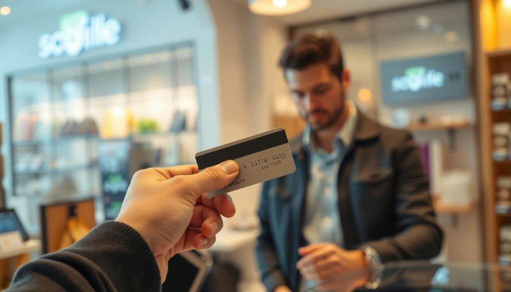 A well-lit, realistic scene of a person responsibly using a credit card to make a purchase at a store. The foreground shows a hand holding a credit card, with the card's details obscured, and a receipt or terminal screen visible. The middle ground depicts the person, dressed in casual yet professional attire, focused on the transaction. The background showcases a clean, modern retail environment with subtle branding and decor. The overall atmosphere conveys a sense of financial responsibility, security, and control. Warm lighting and a neutral color palette create a calm, trustworthy mood.