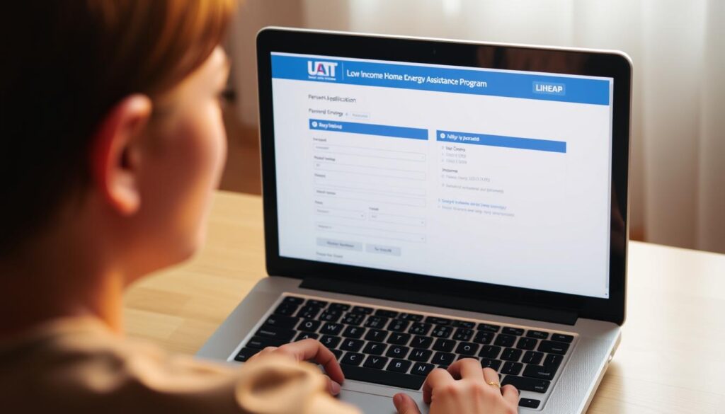 An online application form for the Low Income Home Energy Assistance Program (LIHEAP) displayed on a laptop screen. The interface shows various input fields for personal information, energy usage details, and income documentation. The layout is clean and intuitive, with a calm color palette of blues and grays. Warm lighting from the screen casts a soft glow on the user's face, creating a welcoming and approachable atmosphere. The composition emphasizes the simplicity and accessibility of the digital application process, making it easy for low-income households to seek utility bill assistance.