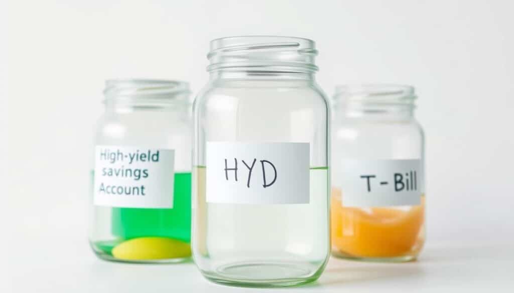 High-yield savings account (HYSA), certificate of deposit (CD), and Treasury bill (T-Bill) displayed as three distinct glass jars with their respective labels, set against a clean white background with soft, diffused lighting. The jars are arranged in a triangular composition, with the HYSA jar in the foreground, the CD jar in the middle, and the T-Bill jar in the background, creating a sense of depth and hierarchy. The jars are filled with colorful liquid representing the various investment options, adding visual interest and a touch of whimsy. The overall tone is professional, informative, and visually engaging, conveying the key investment types discussed in the article section.